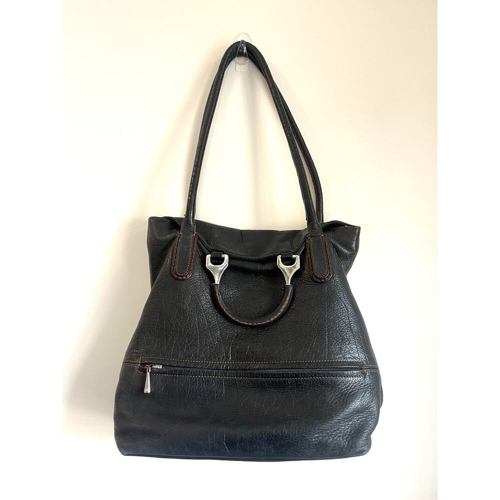 Plinio Visona Italy Black Leather Tote Shoulder Hobo Slouch Bag Satchel Purse